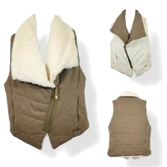 Calvin Klein Reversible Cocoa and Cream Faux Fur Quilted Puffer Vest Size Small - Picture 1 of 10